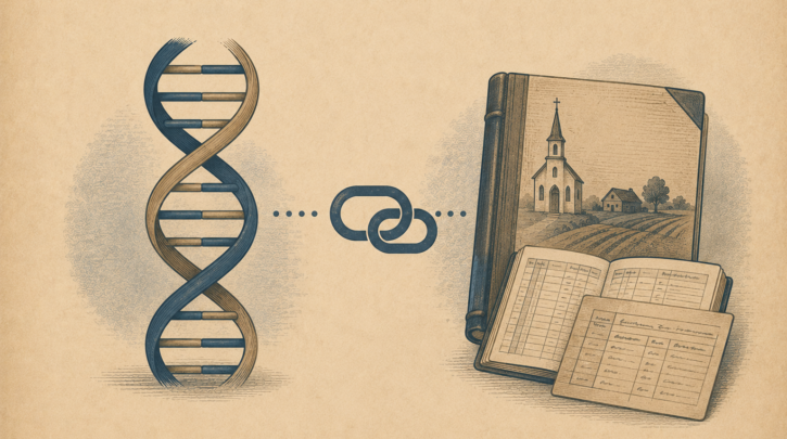 Illustration of connecting a DNA match to a documented Norwegian farm and parish