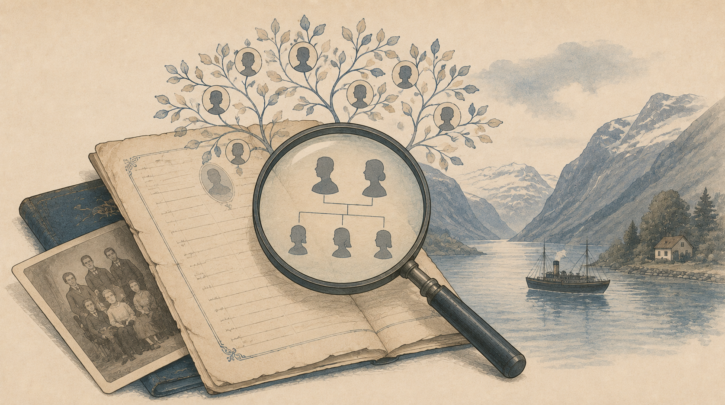Illustration of tracing a Norwegian family tree from an old document