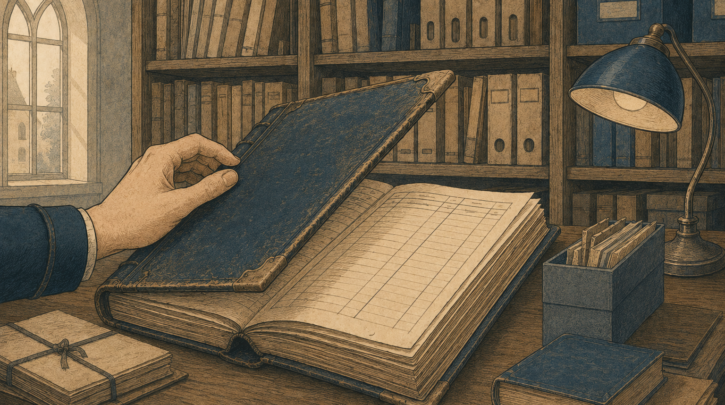 Illustration of researching records in person at a Norwegian regional archive