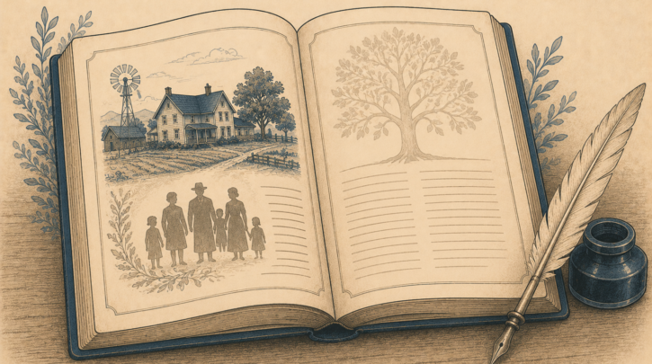 Illustration of a Norwegian bygdebok farm history book