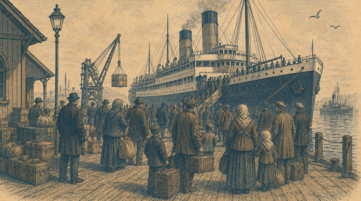 Illustration of Norwegian emigrants departing for America