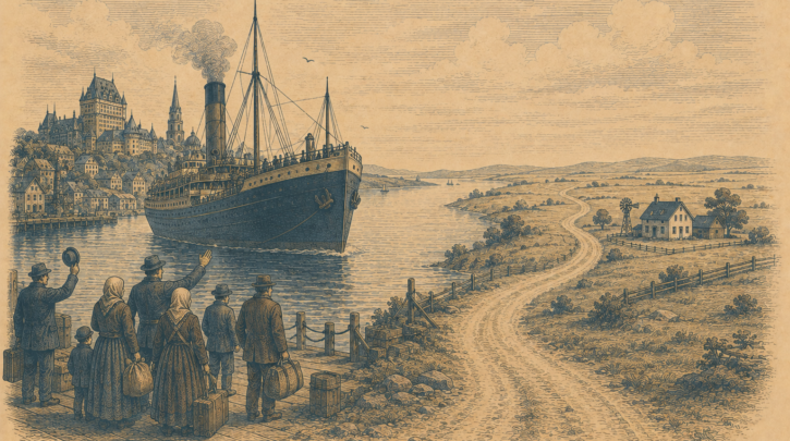 Illustration of Norwegian emigrants passing through Quebec toward the Canadian Prairies