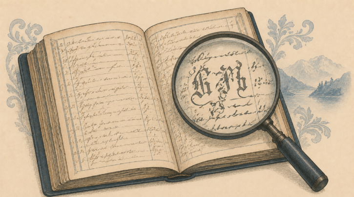 Illustration of reading old Norwegian Gothic-script church records