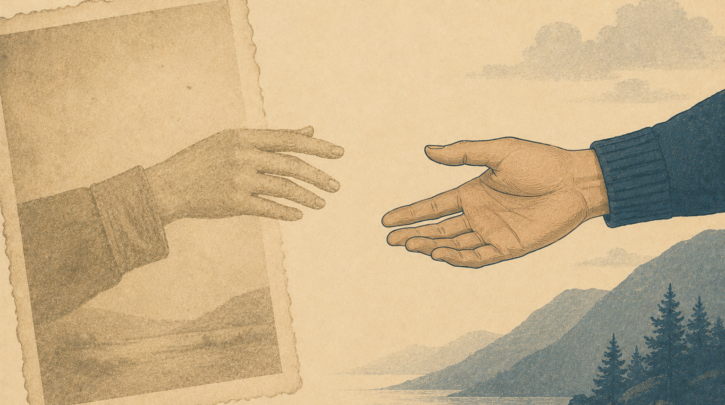 Illustration of hands reaching across generations to reclaim Norwegian heritage