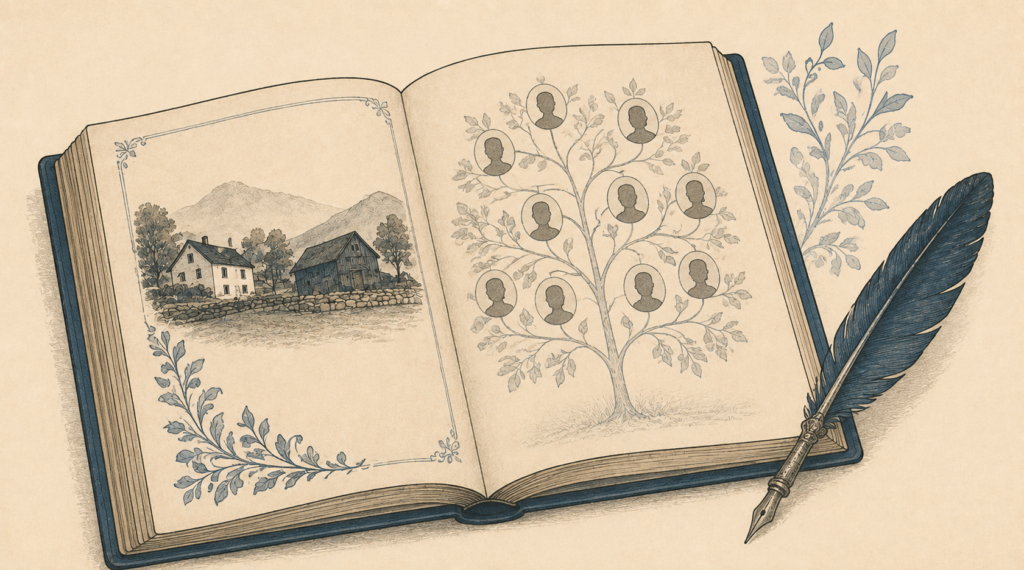 Illustration of a Norwegian bygdebok farm history book
