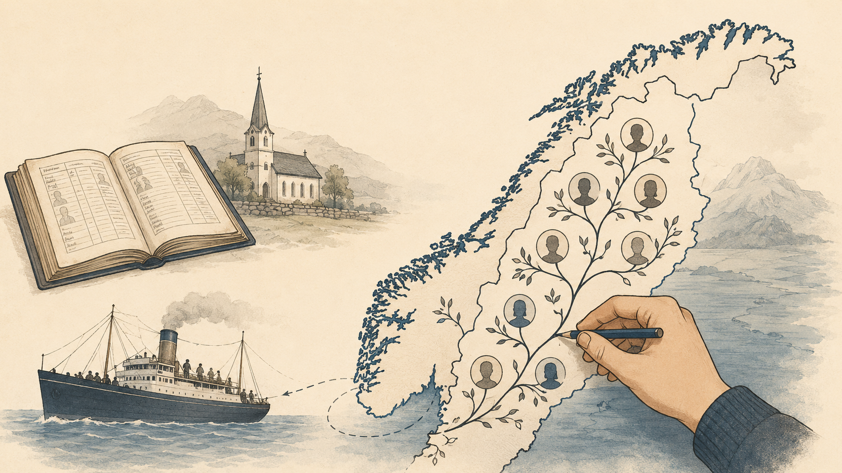 Illustration of a Norwegian family tree traced across a map of Norway's fjords